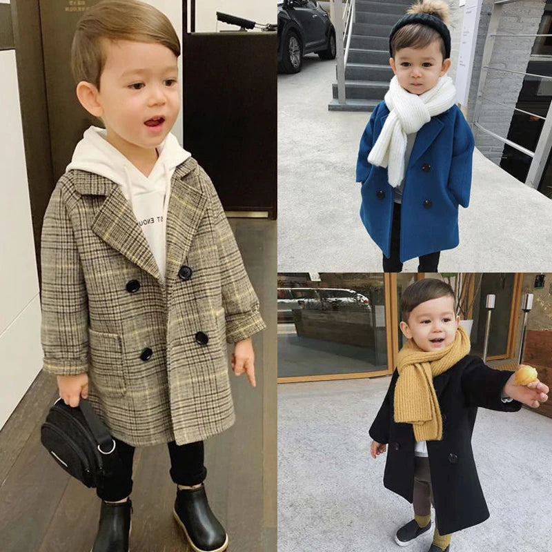 Autumn Winter Boys Fashion Jacket Solid Color Lapel Double-Breasted Long Woollen Overcoat For 2-6 Years Boys Handsome Outwear