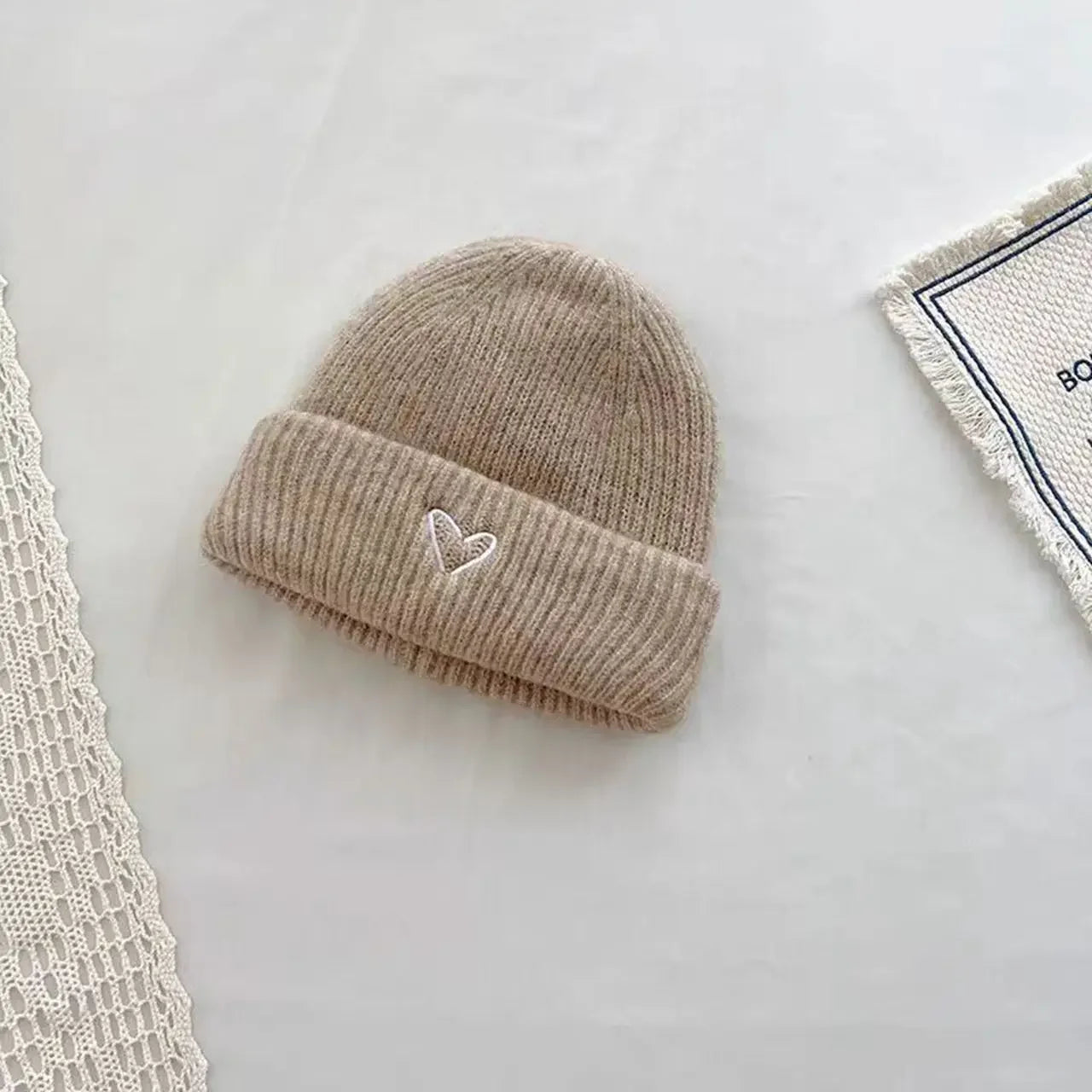 Solid Color Kids Knitted Hat Scarf Love Heart Embroidery Autumn Winter Warm Baby Beanie Outdoor Anti-cold Boys Girls Cap Scarves