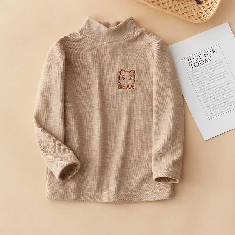 T-Shirts Bear Embroidery Fleece Shirt Long Sleeve Base Layer for Boys & Girls Cozy Kids Tee  Kids Clothes