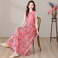 Summer Women's Ink Wash Floral Print Maxi Dress Sleeveless Stand Collar Tie Waist Casual Long Dress