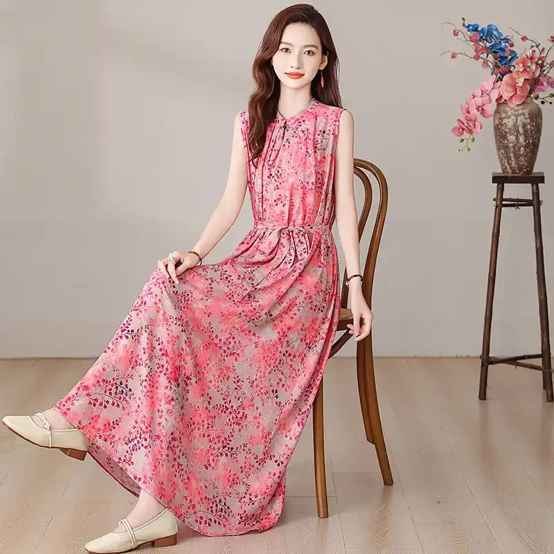 Summer Women's Ink Wash Floral Print Maxi Dress Sleeveless Stand Collar Tie Waist Casual Long Dress