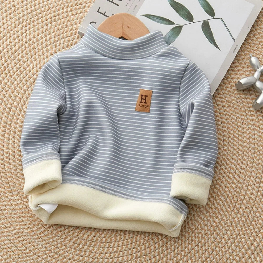 Children's Velvet Bottom Shirt New Mid to Large Children's Half High Collar Warm Autumn and Winter Baby Top Long Sleeve T-shirt