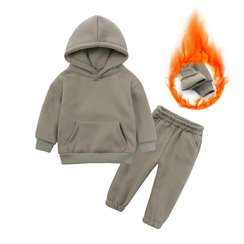 2026 Winter Children Fleece Outfits Toddler Warm Thicken Cotton Soild Hoodies+Pants Tracksuit Kids Boy Girl Sweatsuits Sets