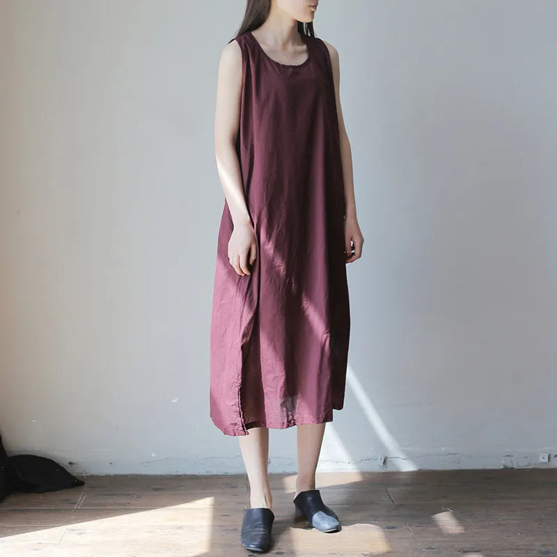 Johnature 2025 Summer 5 Colors Vintage Loose Dress Women Sleeveless Solid Color O-neck Thin Simple Render Comfortable Dress New