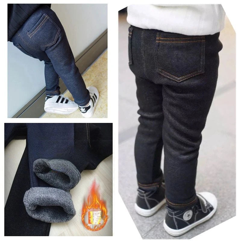 Autumn Winter Children's Jeans Boys and Girls' Solid color Thin Velvet Elastic Belt Jeans Infant Elastic Denim Pants1-6Y