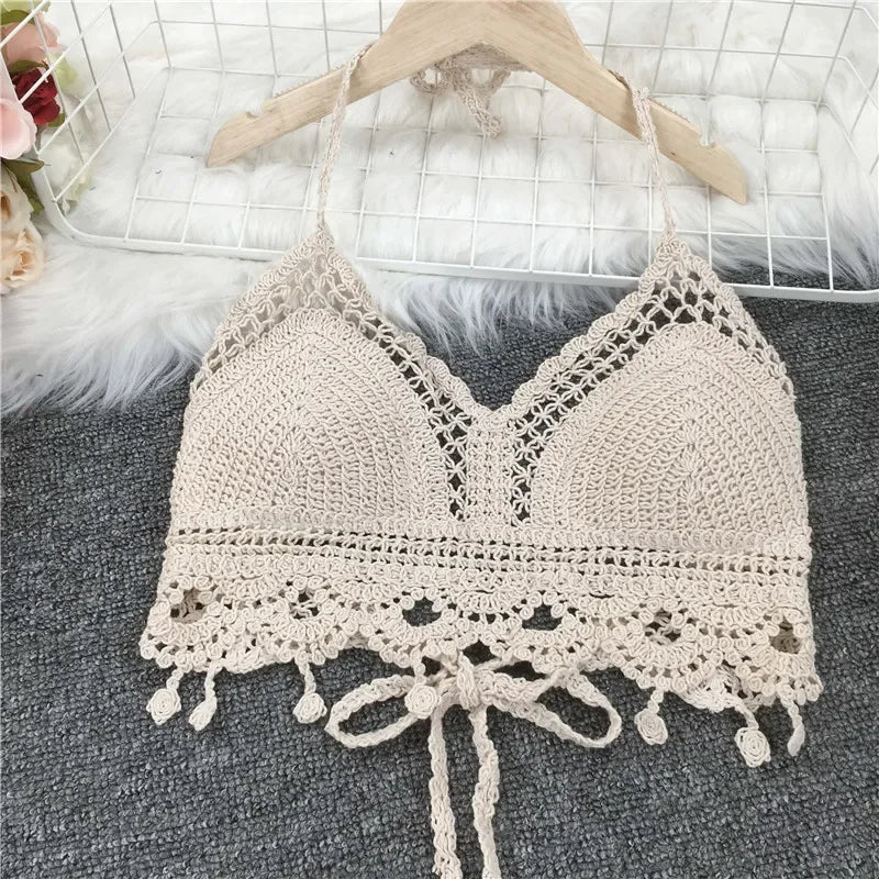 Crop Tops Retro Wild Hollow Perspective Tassel Sexy Spaghetti Strap Tanke Top Women Built In Bra 2021 New Back Lace Halter Neck
