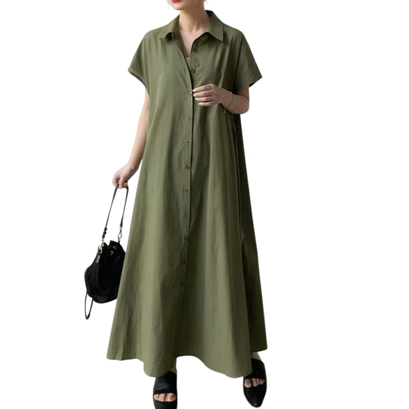 Women's shirt dress loose casual solid color lapel single-breasted short-sleeved dress summer long dresses vestidos femenino