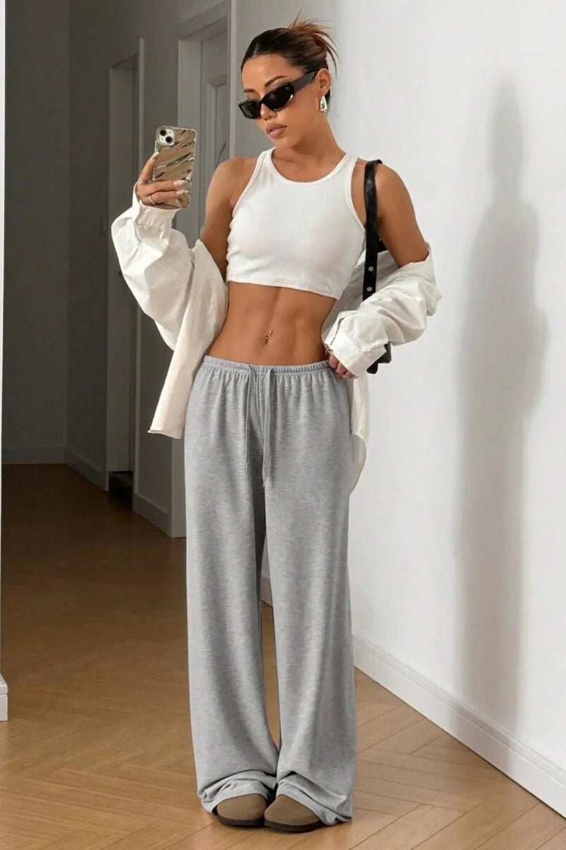 New women's fashion solid color casual loose wide-leg pants