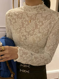 White Lace Long Sleeve Mesh Base Shirt Half High Collar Thin Slim Fit Inner Wear Top Korean Style Commute Fashion Design