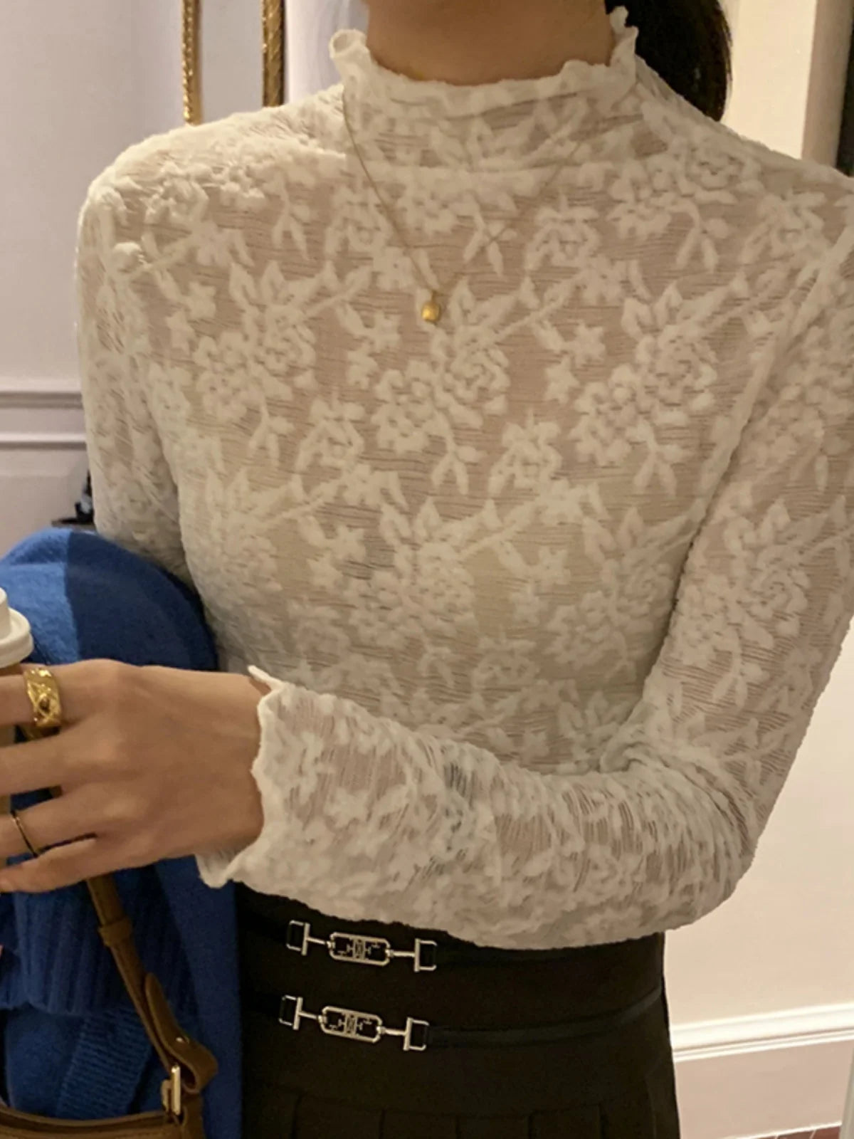 White Lace Long Sleeve Mesh Base Shirt Half High Collar Thin Slim Fit Inner Wear Top Korean Style Commute Fashion Design