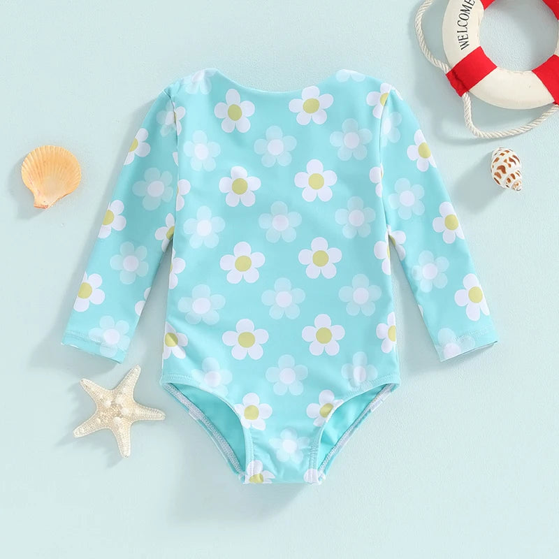 0-4Y Baby Girls Long Sleeve Swimwear Floral Print Back Cut Out Knot Swimsuits Toddler Bathing Suits Beachwear Kids Bikini