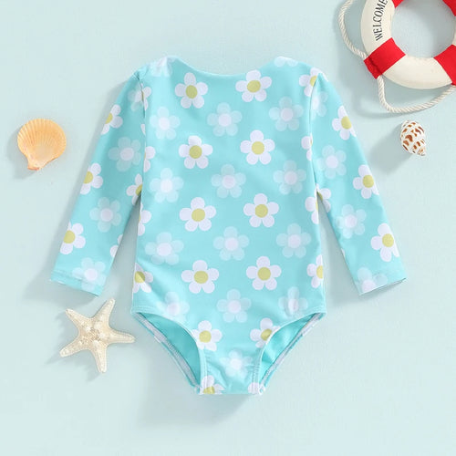 0-4Y Baby Girls Long Sleeve Swimwear Floral Print Back Cut Out Knot Swimsuits Toddler Bathing Suits Beachwear Kids Bikini