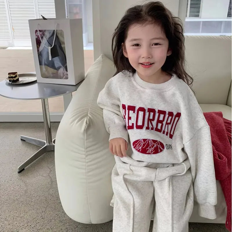 Winter Baby and Girls Gray Alphabet Warm Fleece Lined Sweatshirt+Sweatpant Kids Tracksuit Children Outfit Jogging Set 2-8 Years
