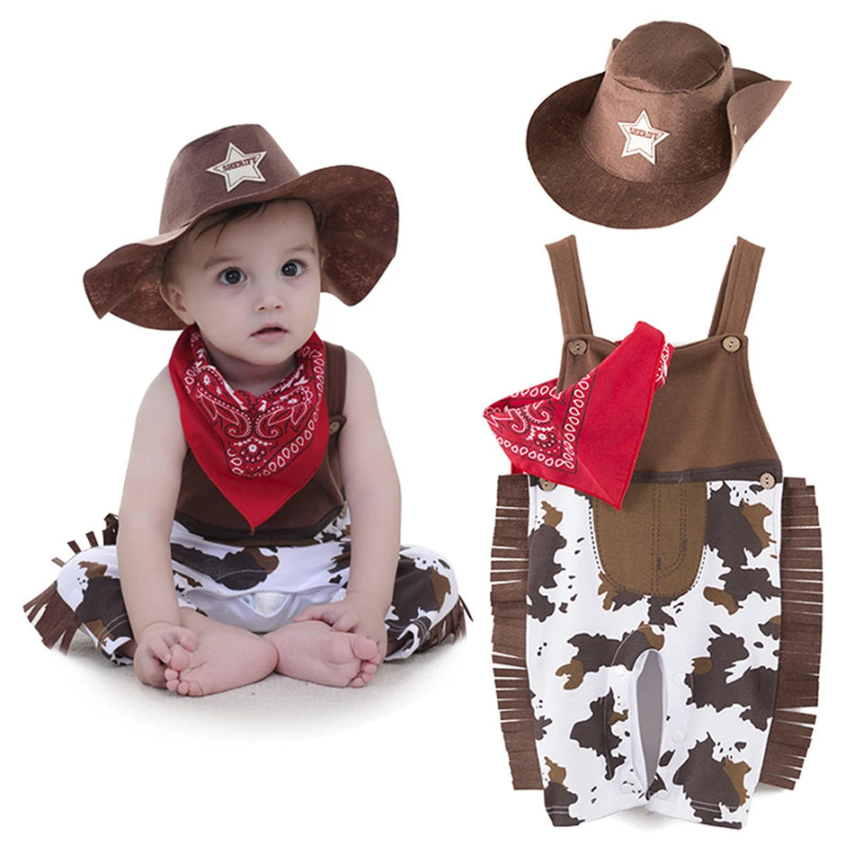Infant Cowboy Cosplay Rompers Baby Boys Girls Strap Jumpsuits Hat Sets Toddler Festival Bodysuits Newborn Birthday Outfits