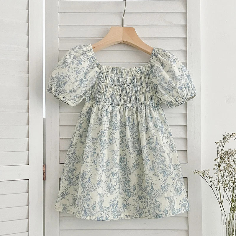 2024 New Summer Sisters Clothes Girls Princess Dress Toddler Baby Bodysuits Short Sleeved Cotton Print Kids Party Dress