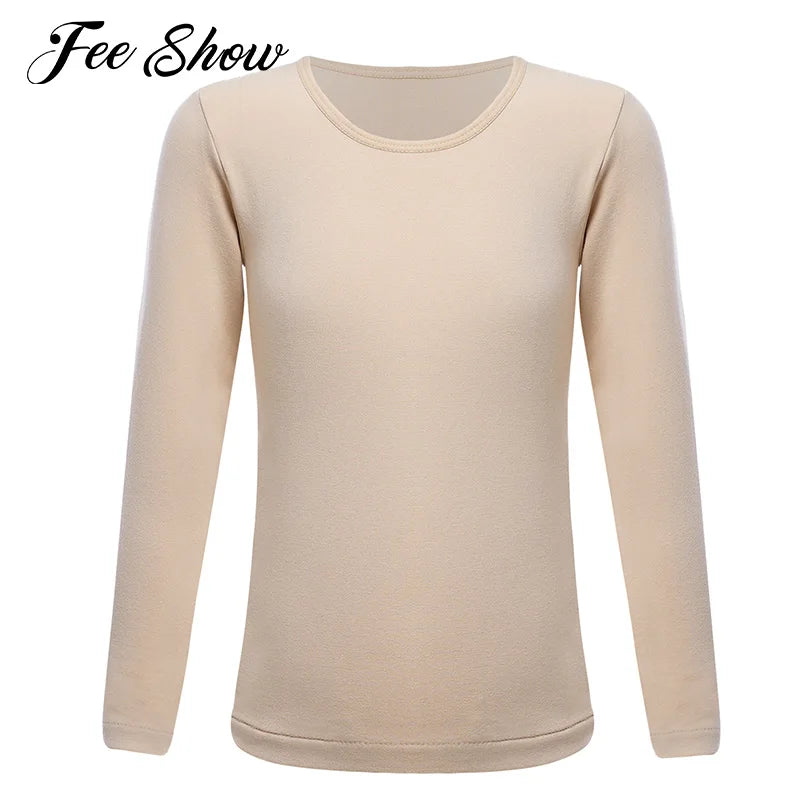 Kids Girls Thermal Underwear Tops Solid Color Round Neck Long Sleeve T-shirt Stretchy Base Shirt Tops for Ballet Dance Training
