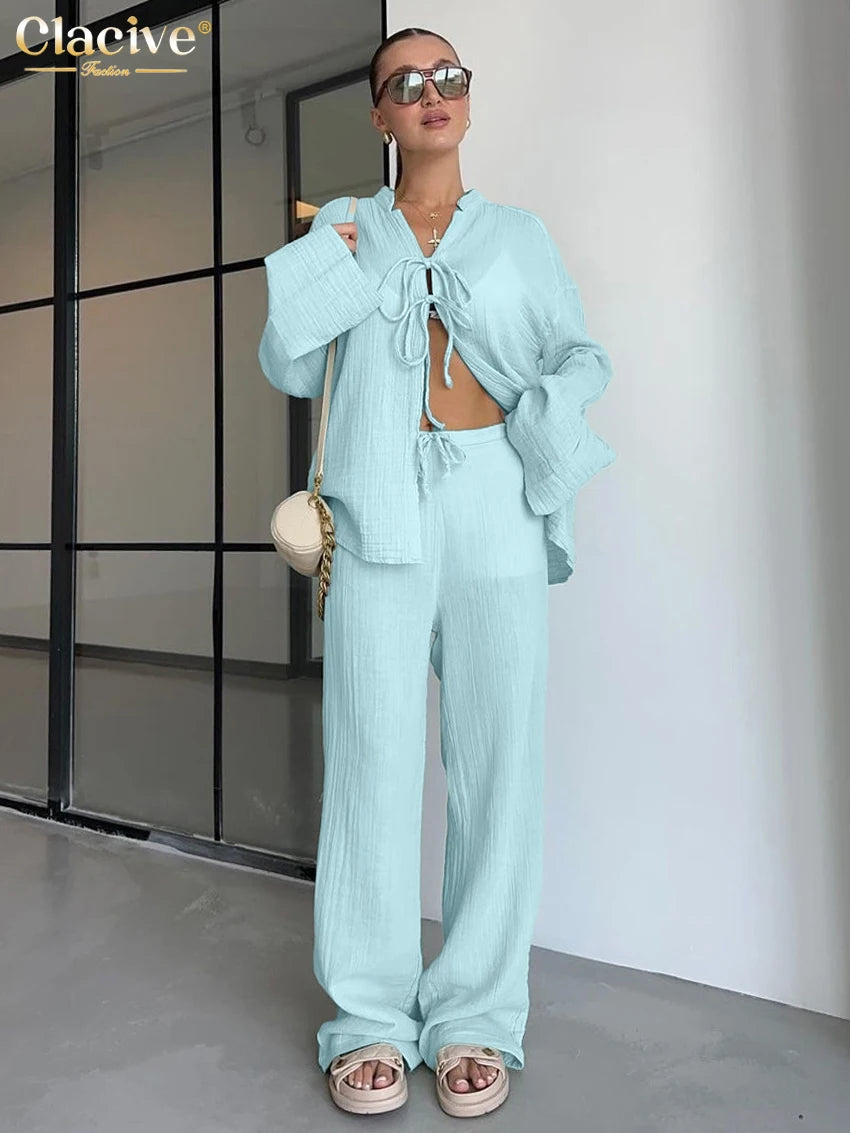 Clacive Fashion Loose Brown Cotton 2 Piece Set Women Outfit 2025 Elegant Long Sleeve Shirt With High Waist Wide Pants Set Female