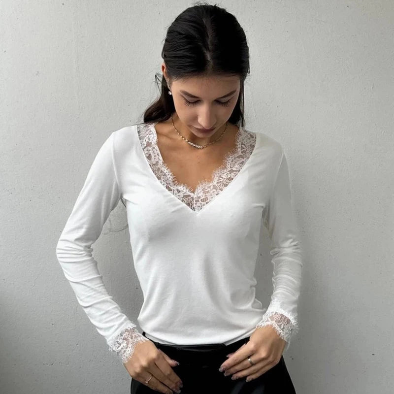 Women V-neck Lace Splicing Top European American Style Spring New Long Sleeve Slim Tops Casual Wear Tshirts Tops Tee