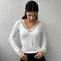 Women V-neck Lace Splicing Top European American Style Spring New Long Sleeve Slim Tops Casual Wear Tshirts Tops Tee