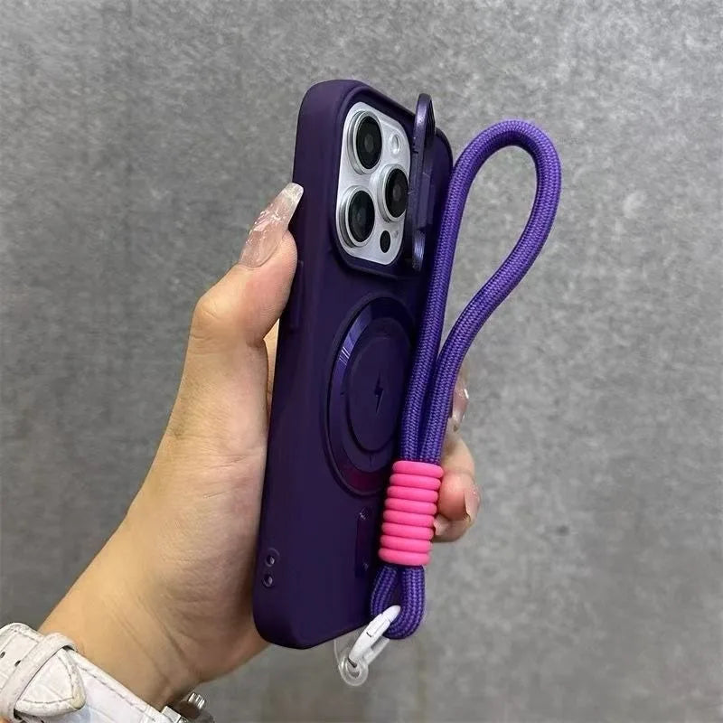 Luxury Flip Up Lens Holder Magnetic Case for iPhone 16 15 14 13 12 11 Pro Max 17 Plus Fashion Nylon Wristband Lanyard Soft Cover