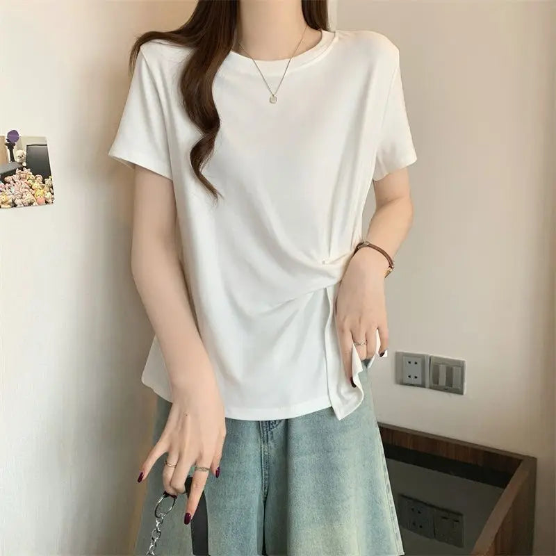 Spring and Summer Large-size Women's Clothing New Solid Color Loose and Thin Irregular Design Round Neck Short-sleeved T-shirt