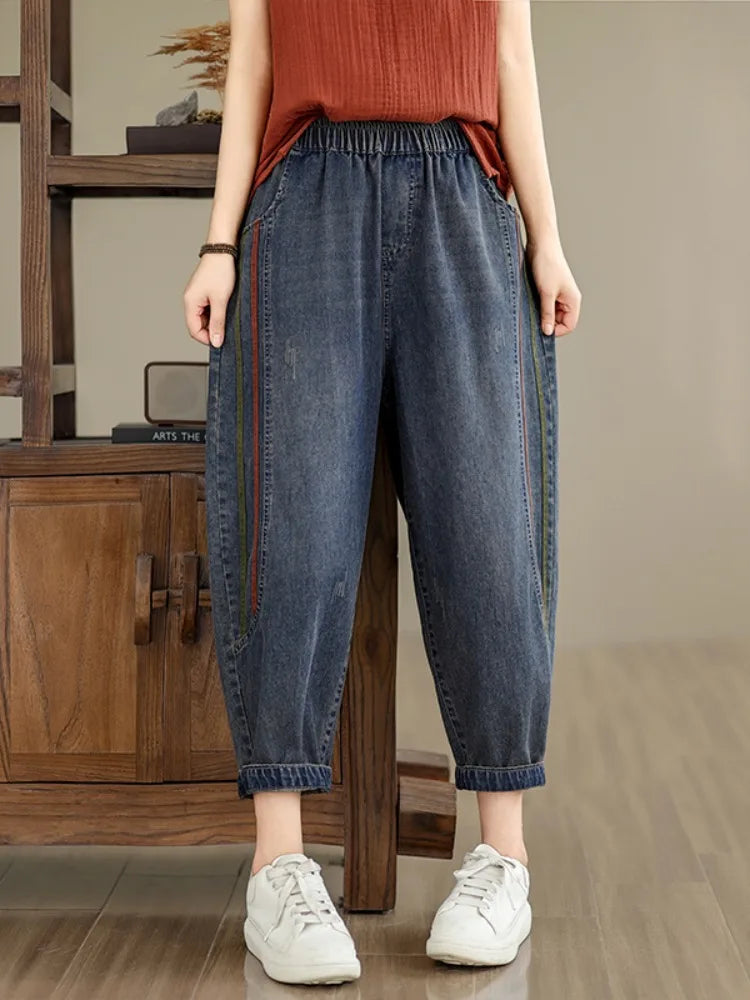 Retro Full Cotton Washed Denim Pants Women's Spring Summer Elastic Waist Patchwork Dad Harlan Blue Straight Leg Trousers