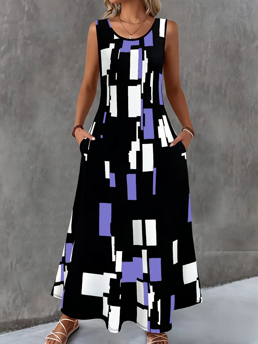 Women's Casual Dresses Summer Stylish Polka Dot Print Sleeveless Dress with Round Neck and Pockets Fashion Elegant Party Dresses