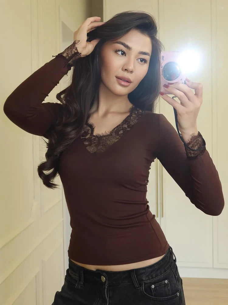 Women V-neck Lace Splicing Top European American Style Spring New Long Sleeve Slim Tops Casual Wear Tshirts Tops Tee