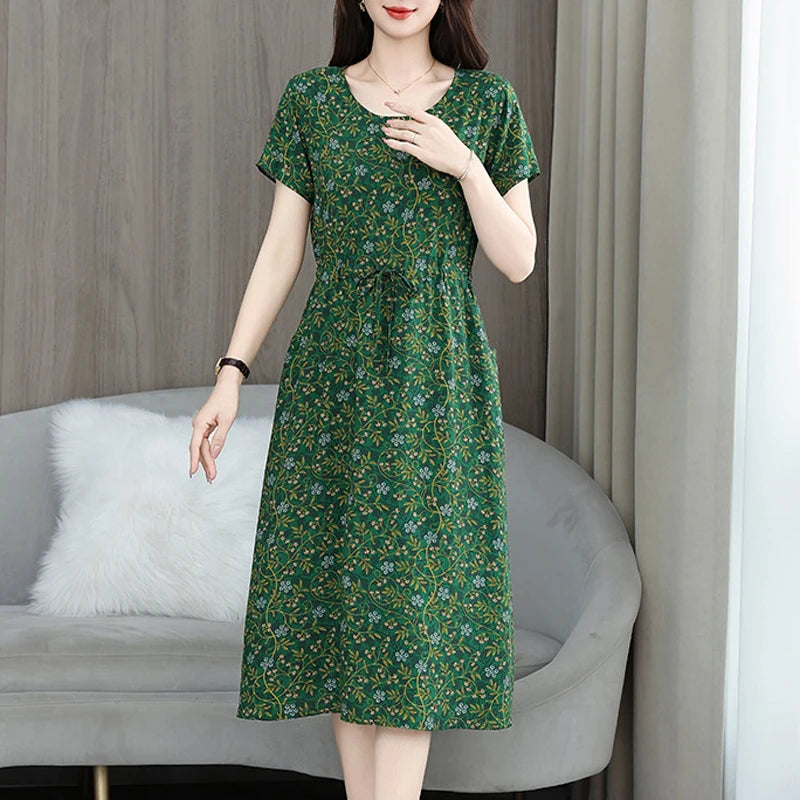 New Fashion 2025 Print Summer Dresses For Women Short Sleeve O-Neck Elegant Summer Dress Woman Clothing