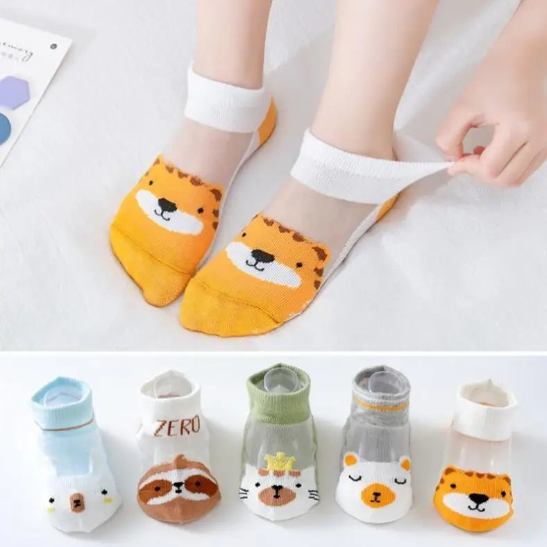5 Pairs Summer Cotton Kids Socks Cute Cartoon Thin Mesh Baby Short Socks Dinosaur Bear Children Socks for Boys Girls Cheap Stuff
