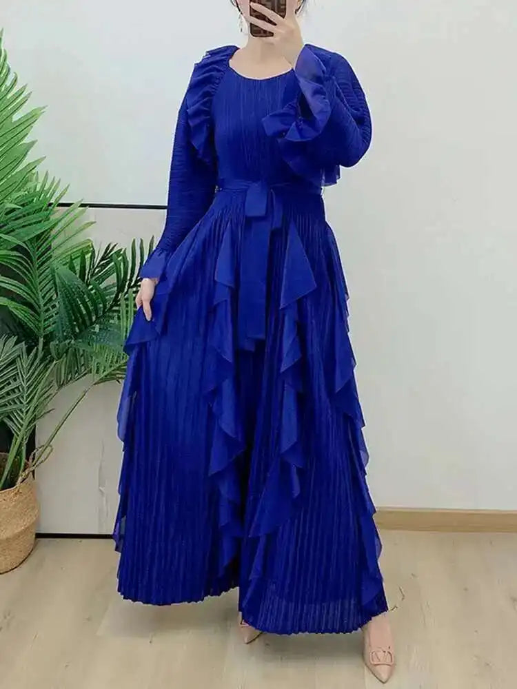 LANMREM Fashion Ruffles Pleated Dress Women Round Neck Flare Sleeves Solid Maxi Belt Dresses Party 2025 Spring New 2AA1502