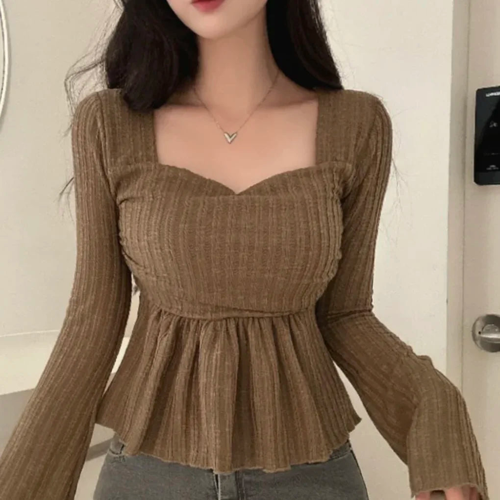 Chic Design Knitted Sweater Women's Square Collar Waist Cinched Flared Sleeve Inner Wear Short Top Commute Style