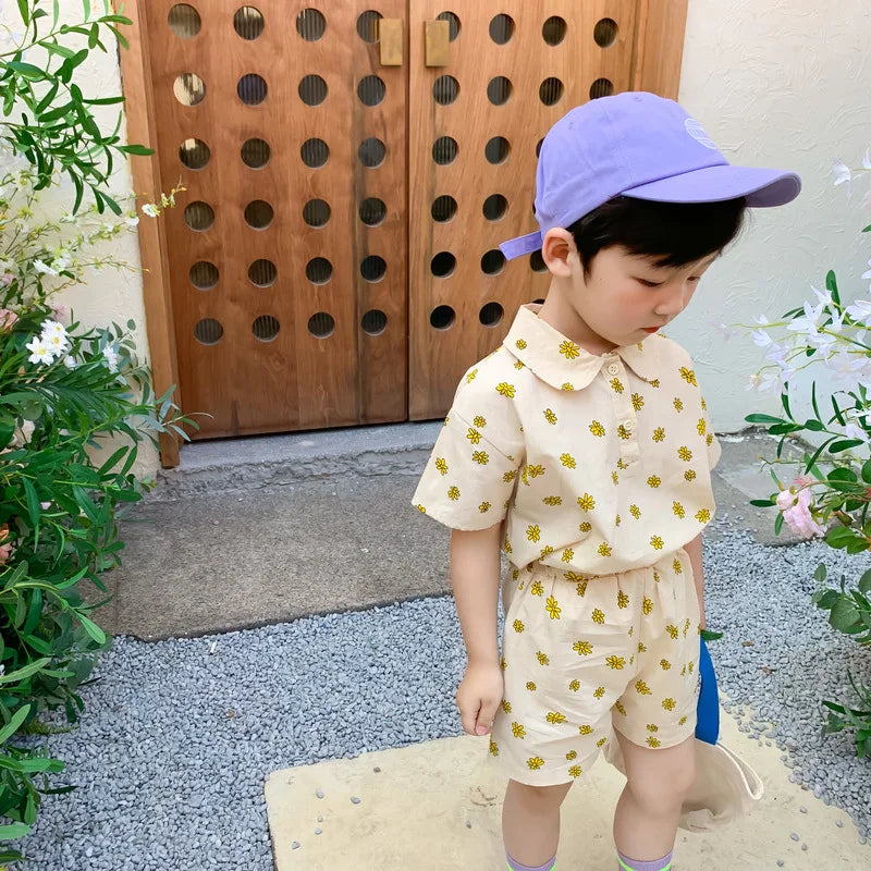 Summer Children Clothes Suit Floral Print Top And Shorts Casual Fashion Suit Kids Clothing For 2-6Y