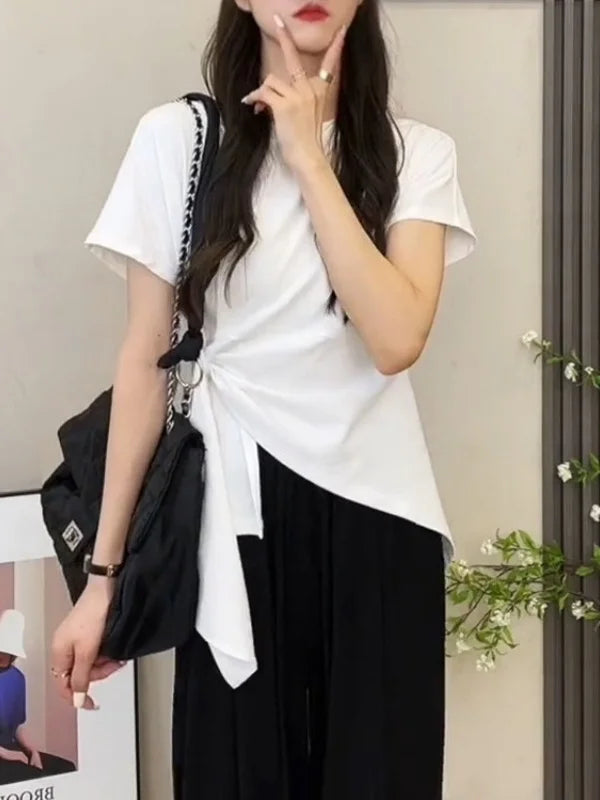 plus Size Women's Cotton T-Shirt Side Tie Waist Short Sleeve Asymmetrical Slit Summer Slimming Top Korean Style Casual Wear