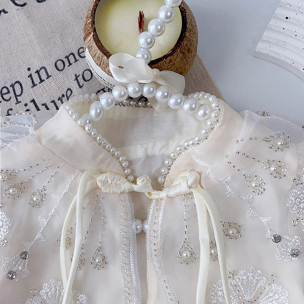 Bear Leader Summer Dress New Girls' Chinese Qipao Mesh Pearl Applique Dress Children's Kids Sweet Fashion Short Sleeve Dress