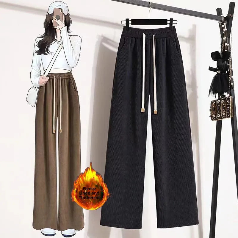 Women's High Waist Fleece Lined Corduroy Wide Leg Pants Thickened Casual Sports Straight Long Trousers Autumn Winter Fashion