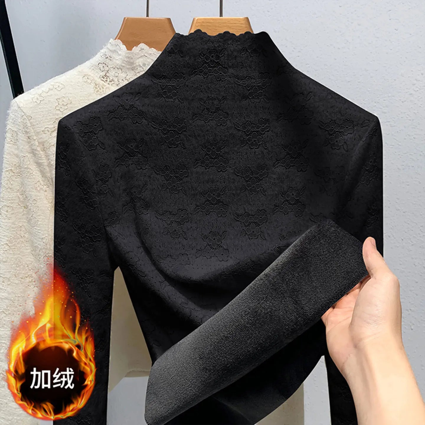 Thickened Half High Collar Fleece Lined Lace Base Shirt Women's High End Inner Wear Autumn Winter New Style Fashionable Top