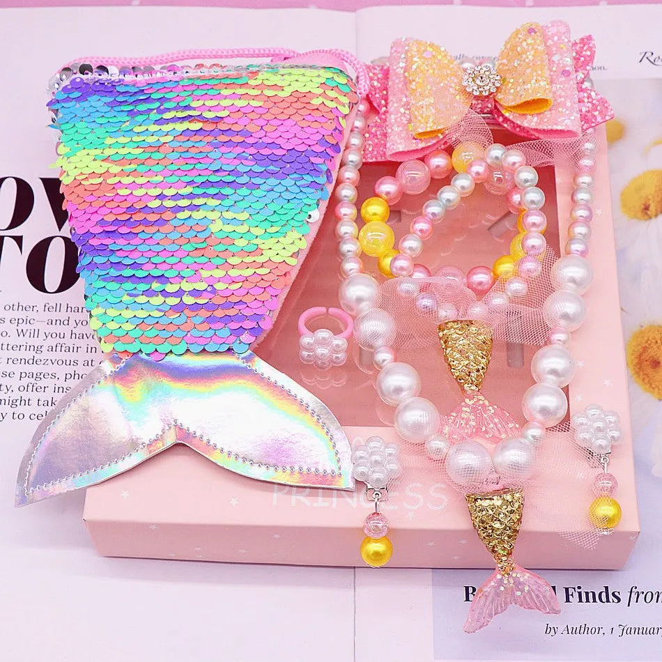Girl Little Mermaid Party Accessories Necklace Ring Earring Bracelet Kids Toy Children Birthday Gift Magic Sequin Purse Headband