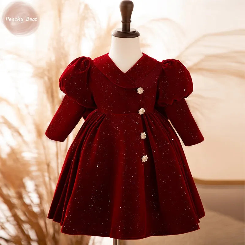 Newborn Baby Girl Princess Christmas Red Dresses Puff Sleeve Infant Toddler Shiny Vintage Winter Evening Gown Bow 12M-10Y