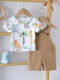 Infant Summer New Style Baby Boy’s Animal Print Short-Sleeve T-shirt and Solid Overalls Casual Two-Piece Set
