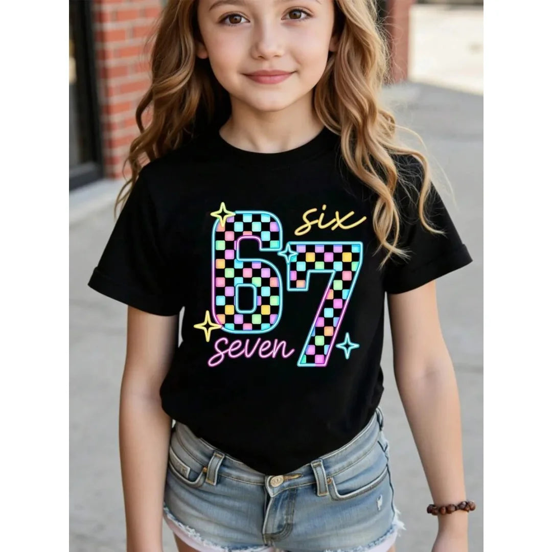 Children's 67 Christmas Elf Print Girls Short Sleeve Round Neck Tee Parties Casual Wear Comfort Children Clothes Girl Clothing