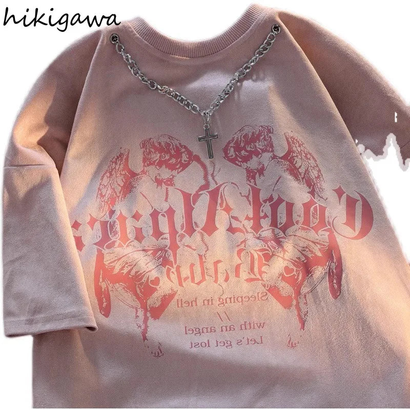 Streetwear BF Tshirts Women 2025 Ropa Mujer Y2k Tops Harajuku Chain Summer T-shirts O-neck Short Sleeve Tees Oversized T-shirt