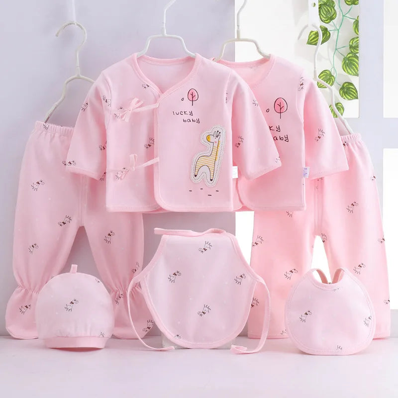 7Piece Spring  Newborn Clothes Set for Baby Cartoon Cute Cotton T-shirt Pants Hats Combo Infant Boys & Girls Outfit