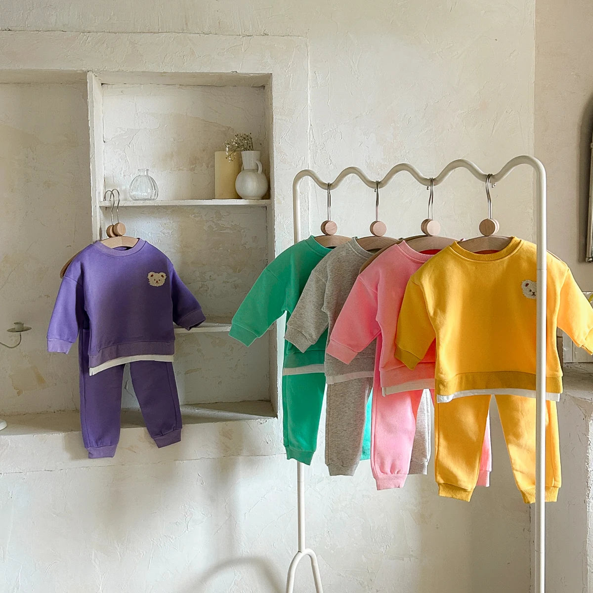 Baby Bear Embroidery  Fleece Pullover  Set  Sweatshirt Tops+Harem Jogger Pants Suits 2pcs Girls Boys  Lined Clothes