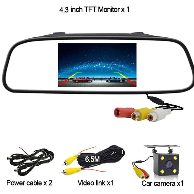 4LEDs Night Vision Waterproof Backup Camera + 4.3" Car Rear View Mirror Monitor