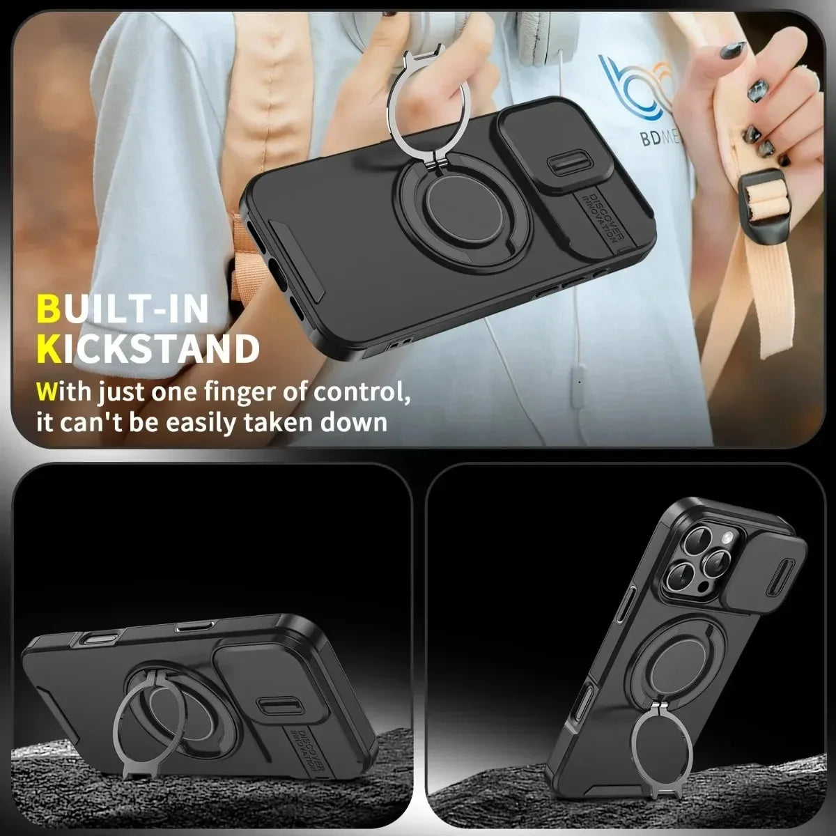 Armor Magnetic Bracket Case for iPhone 17 16 14 13 12 11 15 Pro Max Plus With Lanyard Slide Camera Protection Shockproof Cover