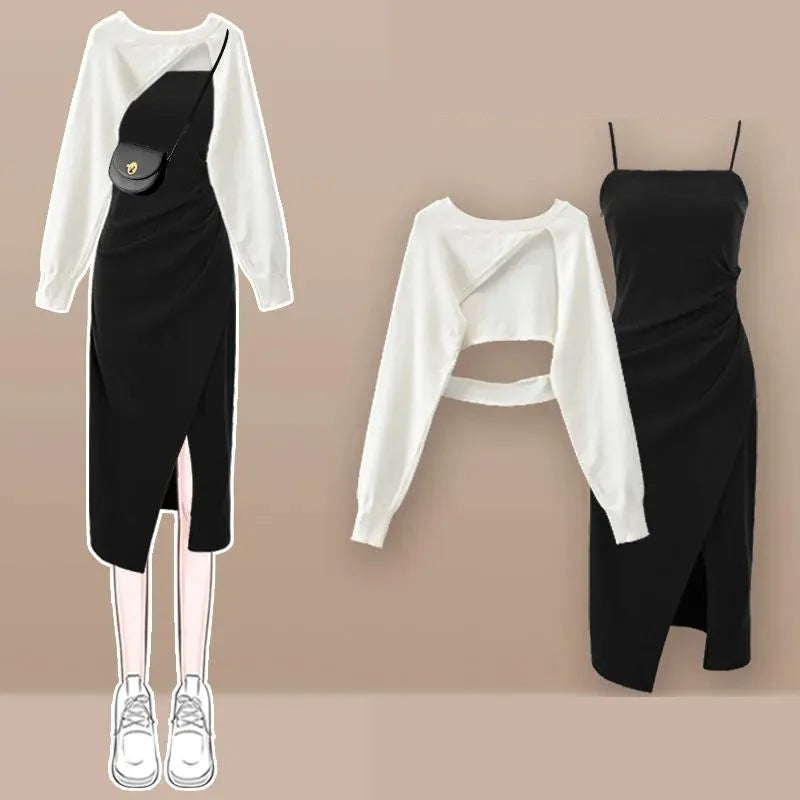 Women Spring New Vintage Short Knit Blouse+Split Sling Skirt 2-Piece Suit 2026 Korean Elegant Long Sleeve Top Dress Matching Set