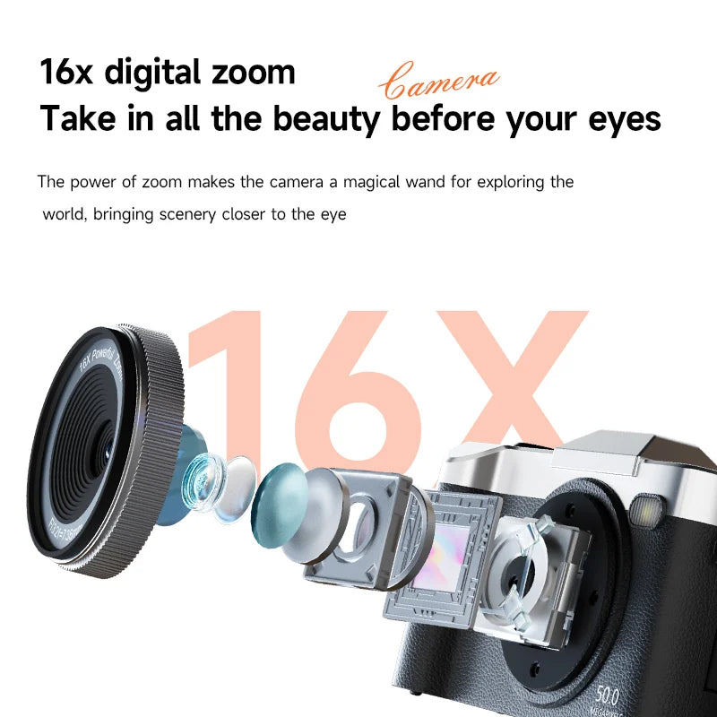4K Digital Camera 16x Zoom Cam 1080P HD Camera 50 Megapixel with 2.4 inch LCD Screen 180 Flip Screen Suitable Student Adult Gift