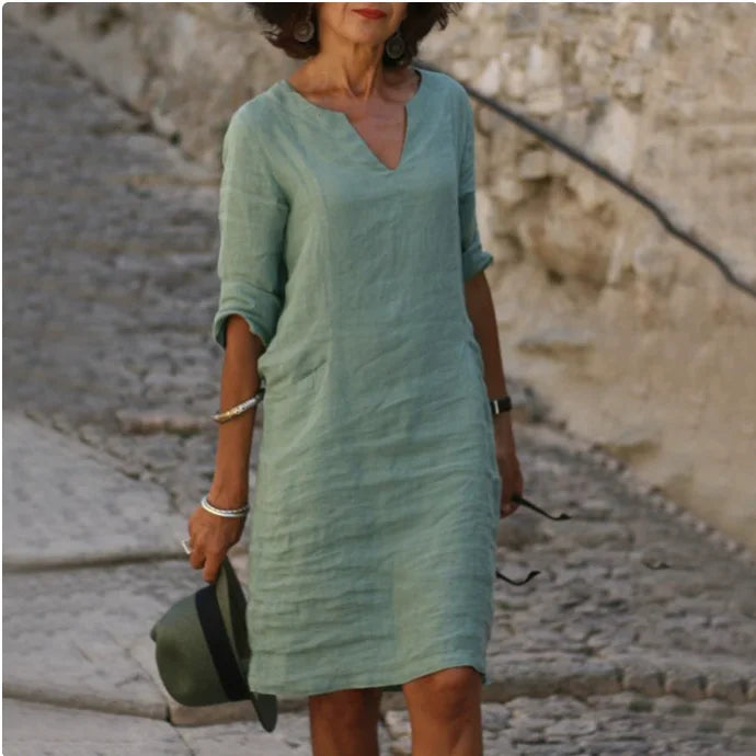 Vintage Women Solid Mini Dress Summer Fashion V-neck Three Quater Sleeve Cotton Linen Dress Ladies Casual Holiday Vestidos