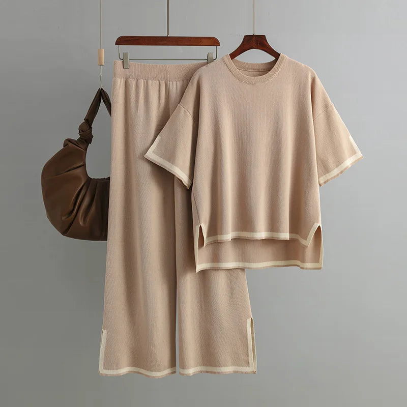 Women Two Piece Set Knit Sweater Suit Short Sleeve Round Neck Tops Loose Wide Leg Pants Solid Splice Midi Waist Casual